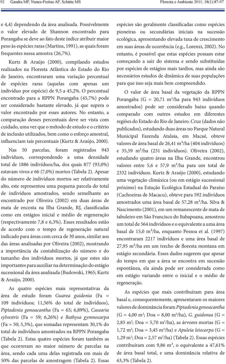Kurtz & Araújo (2000), compilando estudos realizados na Floresta Atlântica do Estado do Rio de Janeiro, encontraram uma variação percentual de espécies raras (aquelas com apenas um indivíduo por
