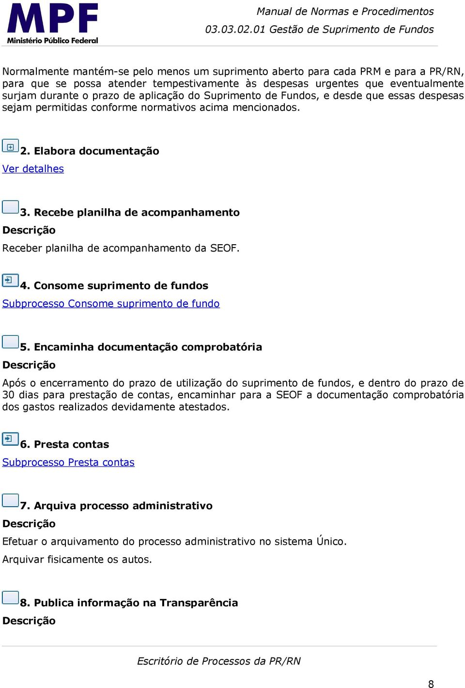 Recebe planilha de acompanhamento Receber planilha de acompanhamento da SEOF. 4. Consome suprimento de fundos Subprocesso Consome suprimento de fundo 5.