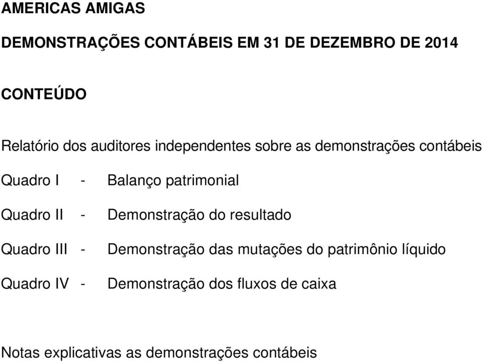 Quadro II - Demonstração do resultado Quadro III - Quadro IV - Demonstração das mutações do