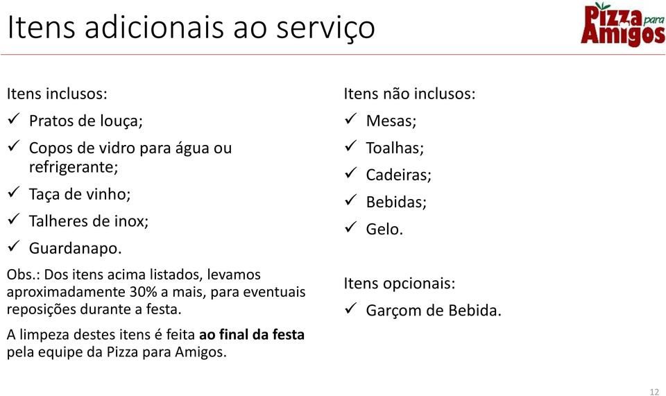 : Dos itens acima listados, levamos aproximadamente 30% a mais, para eventuais reposições durante a festa.