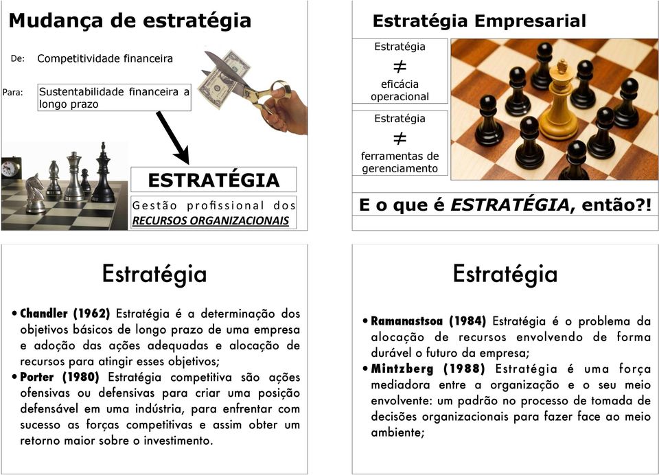 ! Estratégia Estratégia Chandler (1962) Estratégia é a determinação dos objetivos básicos de longo prazo de uma empresa e adoção das ações adequadas e alocação de recursos para atingir esses