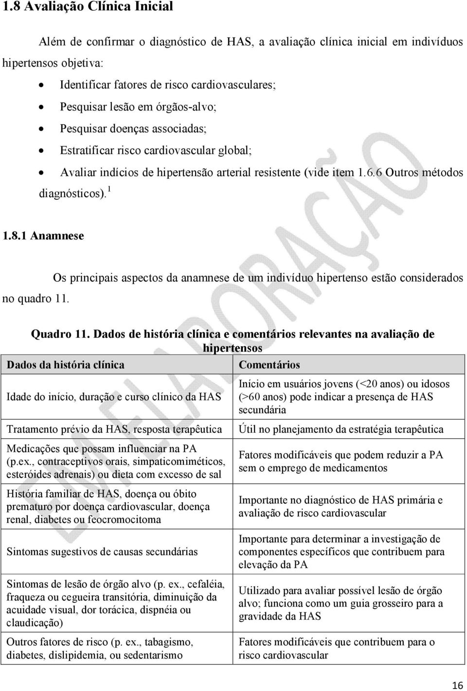 1 Anamnese no quadro 11. Os principais aspectos da anamnese de um indivíduo hipertenso estão considerados Quadro 11.