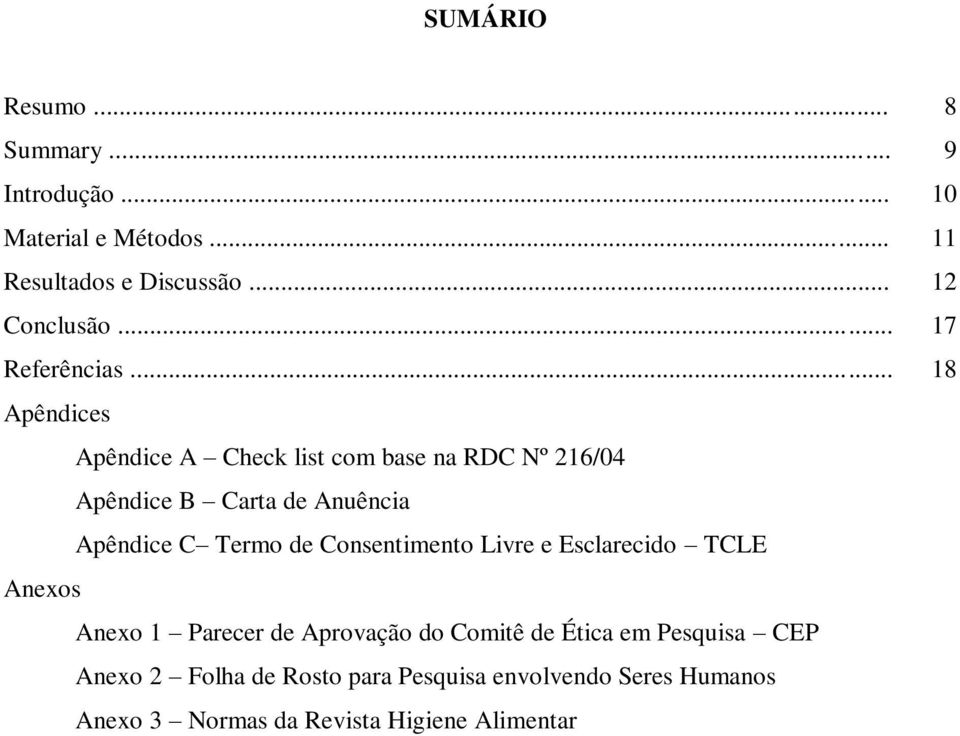 .. 18 Apêndices Apêndice A Check list com base na RDC Nº 216/04 Apêndice B Carta de Anuência Apêndice C Termo de
