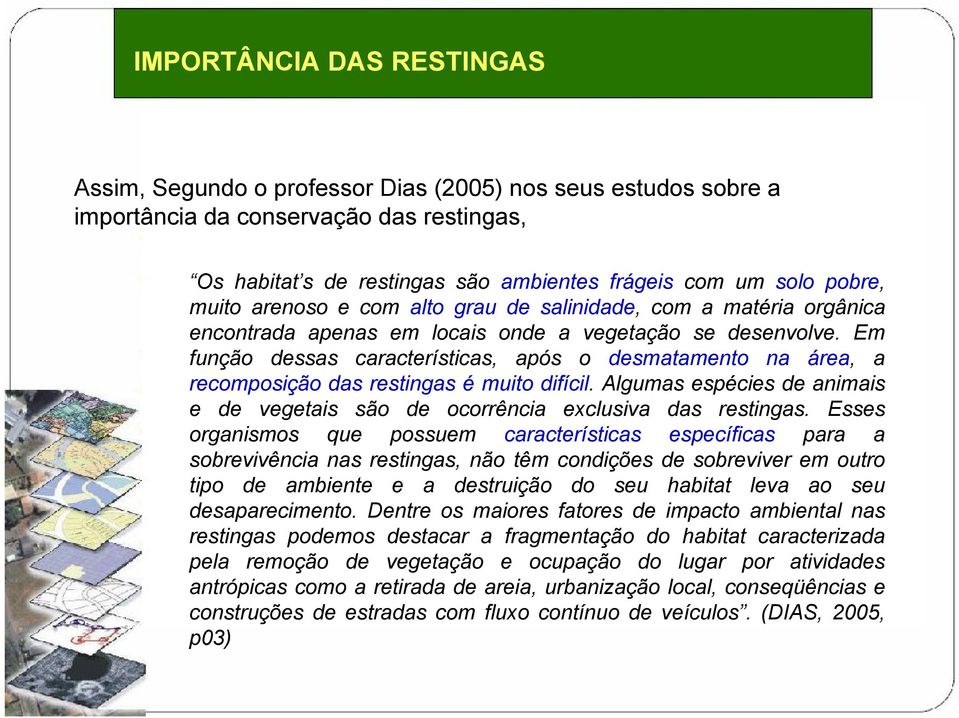 Em função dessas características, após o desmatamento na área, a recomposição das restingas é muito difícil. Algumas espécies de animais e de vegetais são de ocorrência exclusiva das restingas.