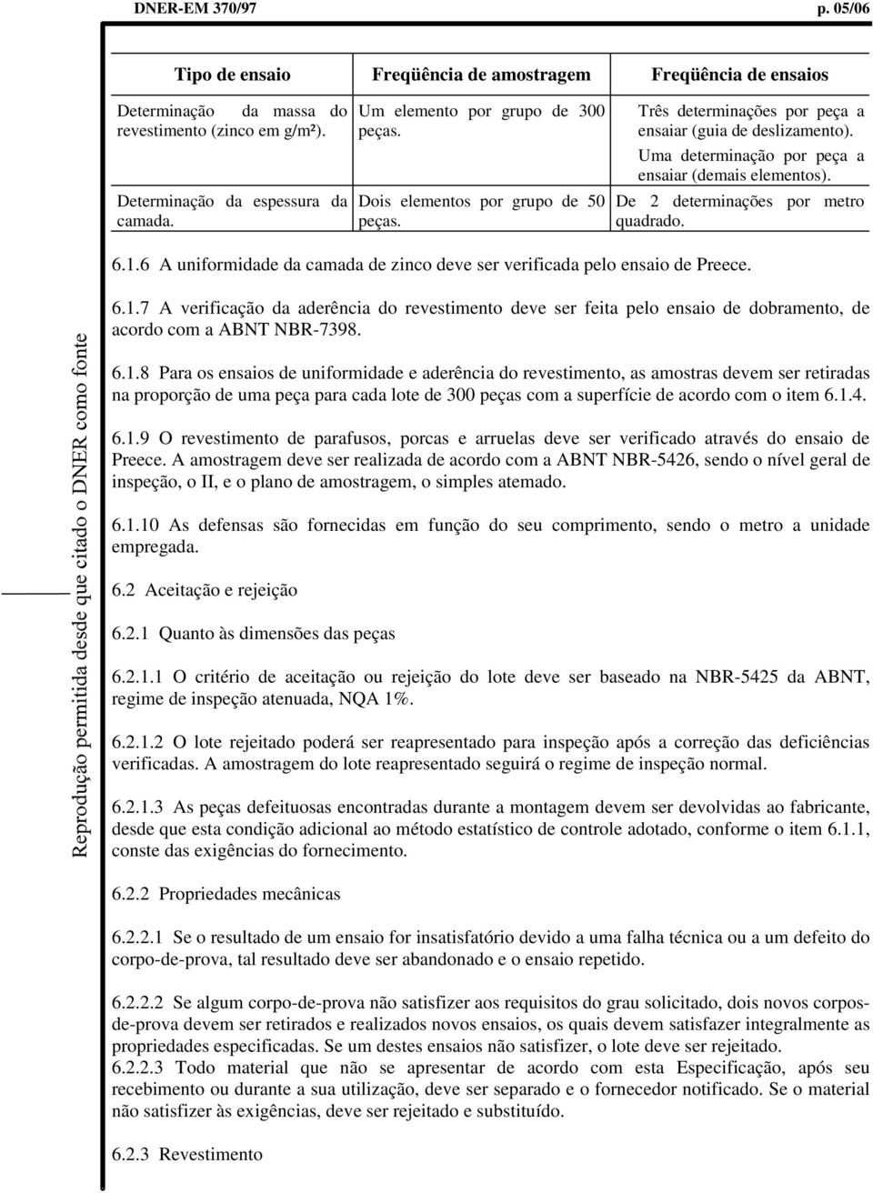 De 2 determinações por metro quadrado. 6.1.6 A uniformidade da camada de zinco deve ser verificada pelo ensaio de Preece. 6.1.7 A verificação da aderência do revestimento deve ser feita pelo ensaio de dobramento, de acordo com a ABNT NBR-7398.