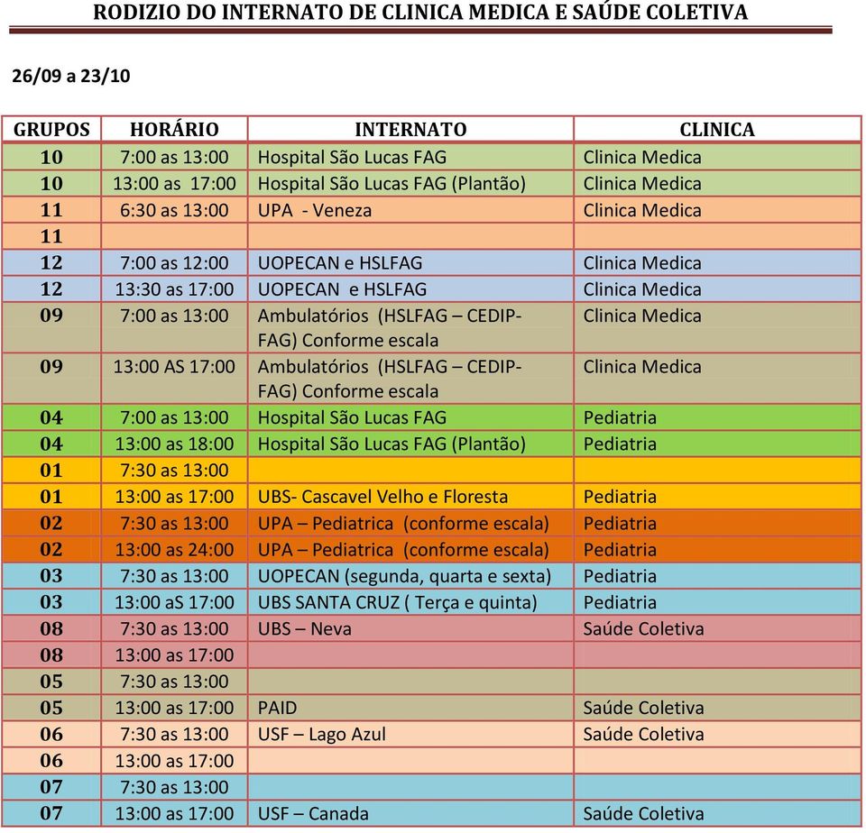 Medica 04 7:00 as 13:00 Hospital São Lucas FAG Pediatria 04 13:00 as 18:00 Hospital São Lucas FAG (Plantão) Pediatria 01 7:30 as 13:00 01 13:00 as 17:00 UBS- Cascavel Velho e Floresta Pediatria 02