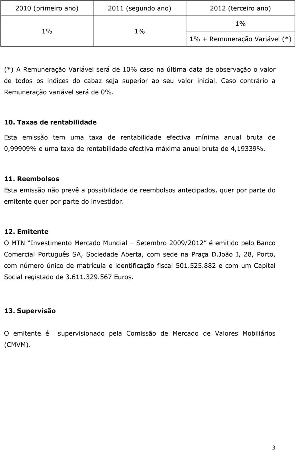 Taxas de rentabilidade Esta emissão tem uma taxa de rentabilidade efectiva mínima anual bruta de 0,99909% e uma taxa de rentabilidade efectiva máxima anual bruta de 4,19339%. 11.