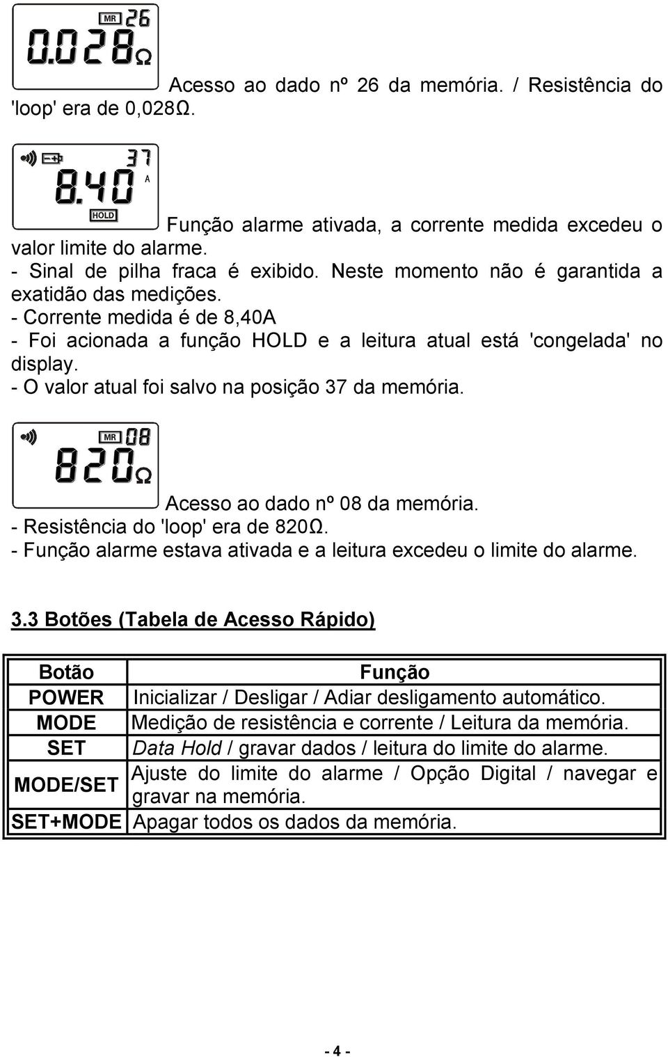 - O valor atual foi salvo na posição 37 da memória. Acesso ao dado nº 08 da memória. - Resistência do 'loop' era de 820Ω. - Função alarme estava ativada e a leitura excedeu o limite do alarme. 3.3 Botões (Tabela de Acesso Rápido) Botão Função POWER Inicializar / Desligar / Adiar desligamento automático.