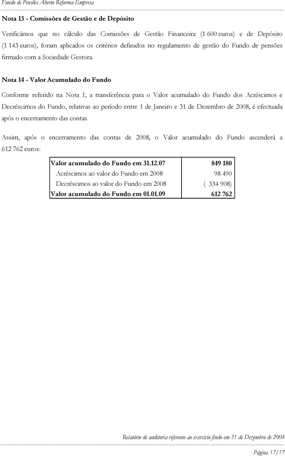 Nota 14 - Valor Acumulado do Fundo Conforme referido na Nota 1, a transferência para o Valor acumulado do Fundo dos Acréscimos e Decréscimos do Fundo, relativas ao período entre 1 de Janeiro e 31 de