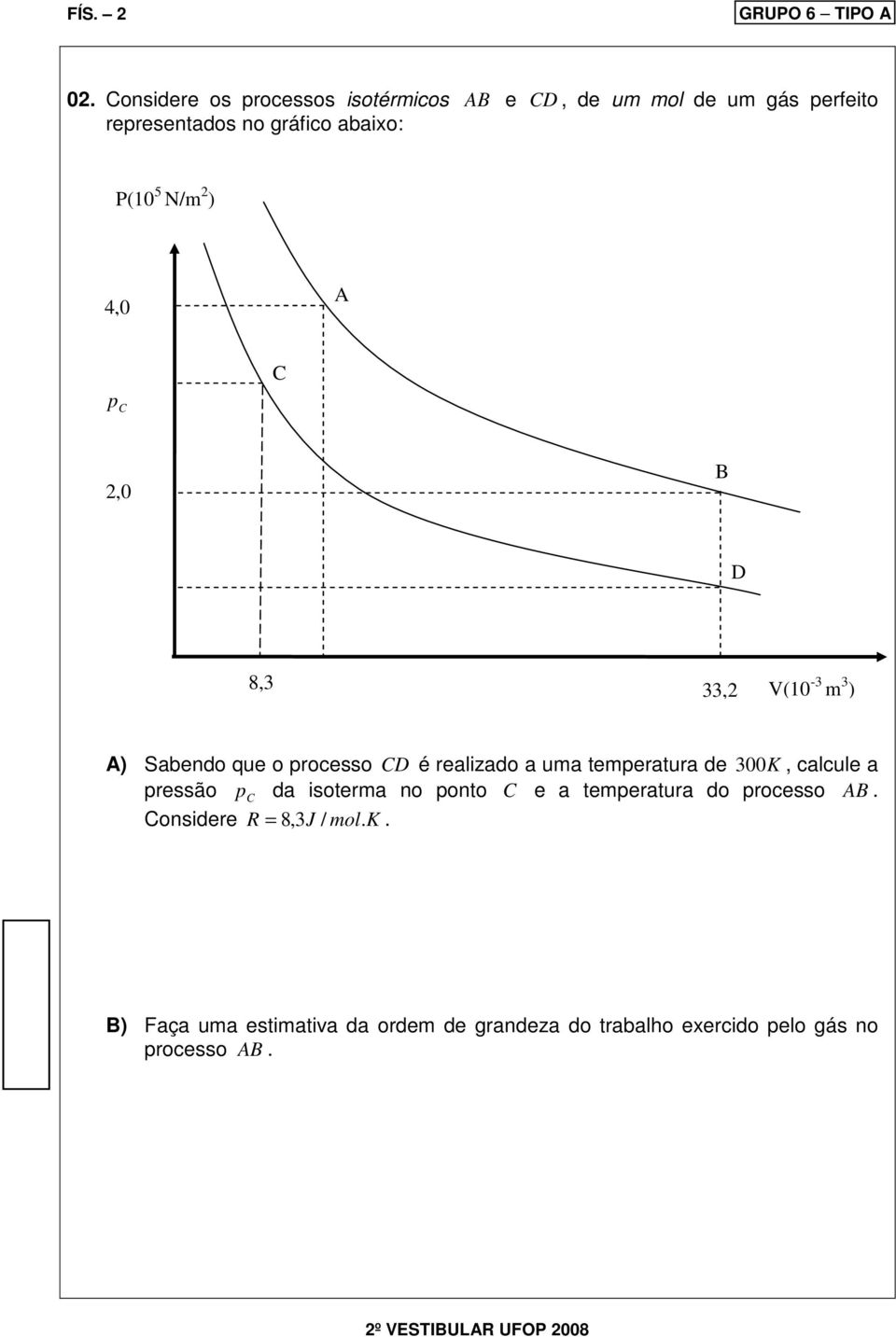 N/m 2 ) 4,0 A C p C 2,0 B D 8,3 33,2 V(10-3 m 3 ) A) Sabendo que o processo CD é realizado a uma temperatura de