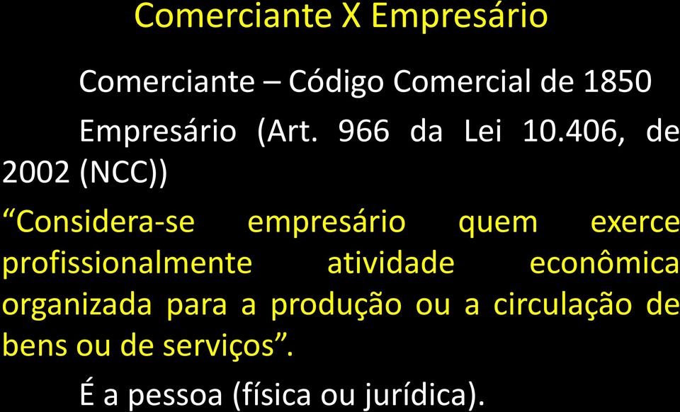 406, de 2002 (NCC)) Considera-se empresário quem exerce