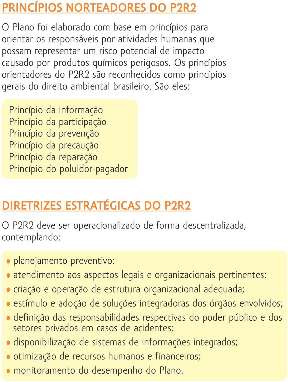 São eles: Princípio da informação Princípio da participação Princípio da prevenção Princípio da precaução Princípio da reparação Princípio do poluidor-pagador DIRETRIZES ESTRATÉGICAS DO P2R2 O P2R2