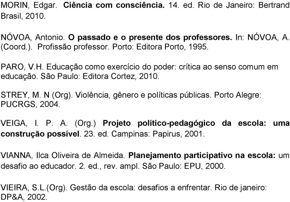 Violência, gênero e políticas públicas. Porto Alegre: PUCRGS, 2004. VEIGA, I. P. A. (Org.) Projeto político-pedagógico da escola: uma construção possível. 23. ed. Campinas: Papirus, 2001.