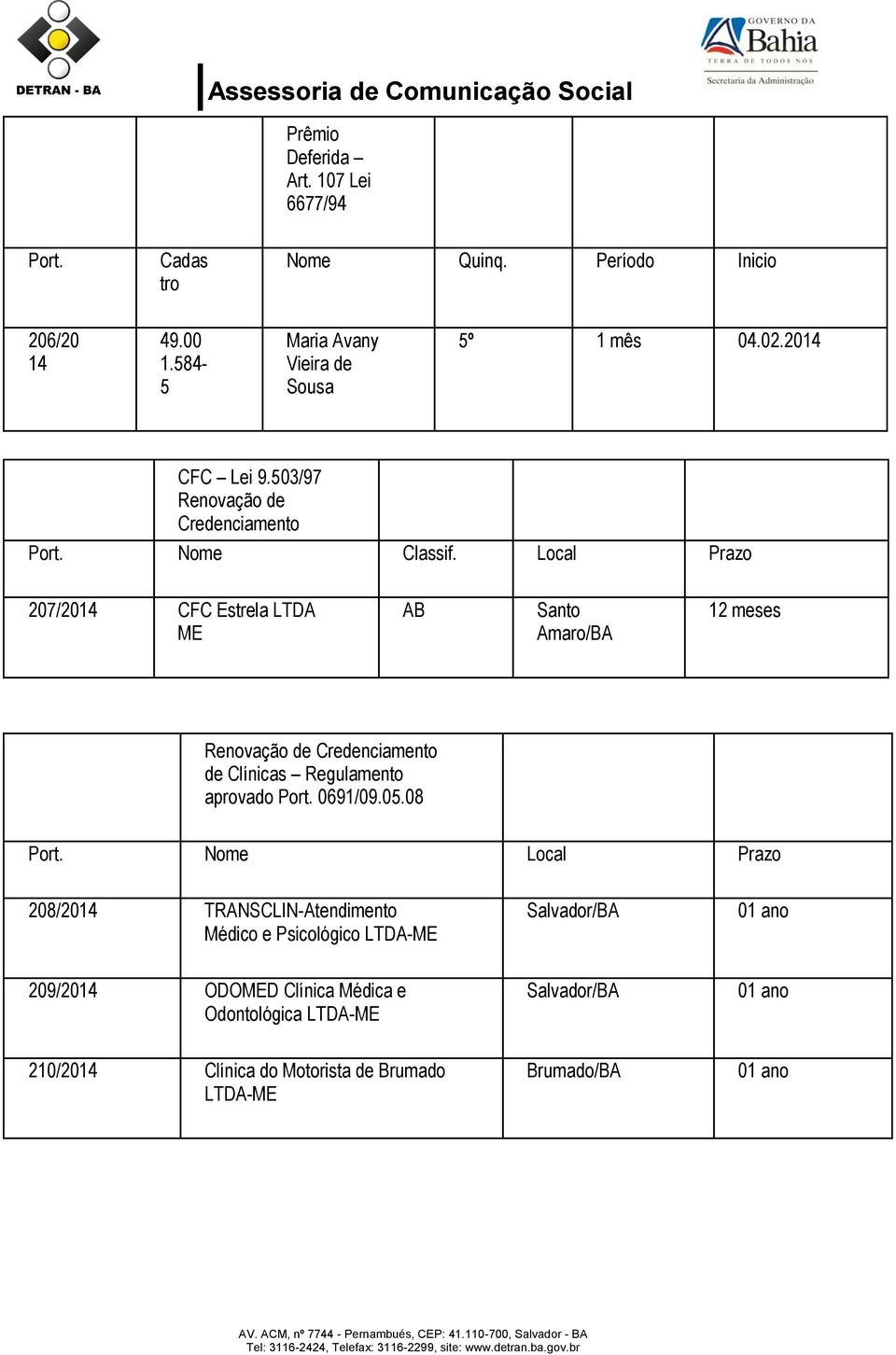 Local Prazo 207/2014 CFC Estrela LTDA ME AB Santo Amaro/BA 12 meses Renovação de Credenciamento de Clínicas Regulamento aprovado Port. 0691/09.05.