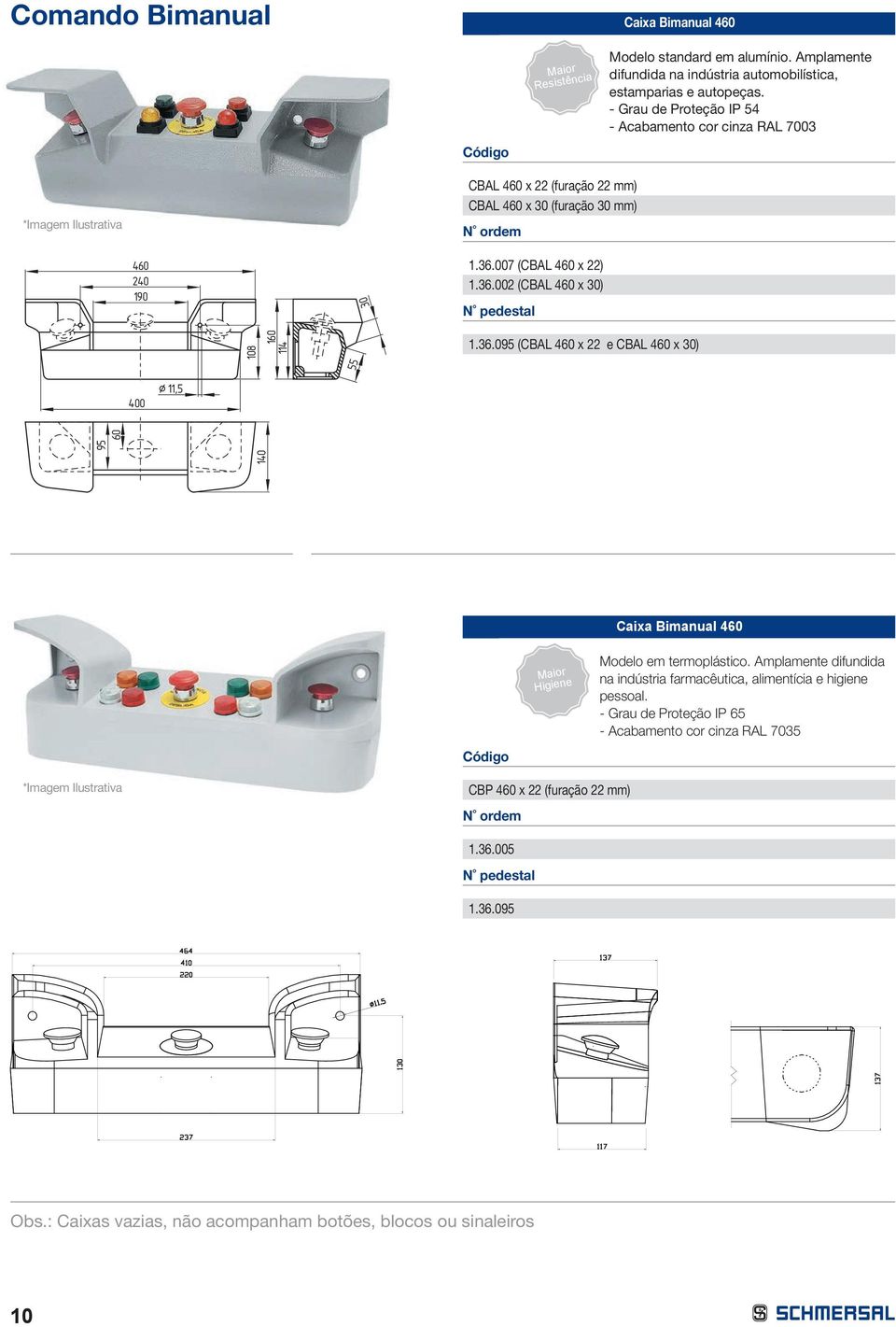 007 (CBAL 460 x 22) 1.36.002 (CBAL 460 x 30) N pedestal 108 114 160 1.36.095 (CBAL 460 x 22 e CBAL 460 x 30) 400 11,5 95 140 60 Caixa Bimanual 460 Código Maior Higiene Modelo em termoplástico.