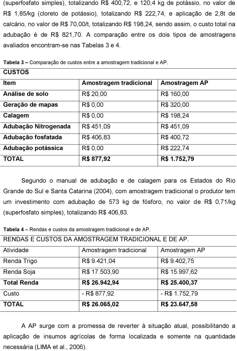 Tabela 3 Comparação de custos entre a amostragem tradicional e AP.