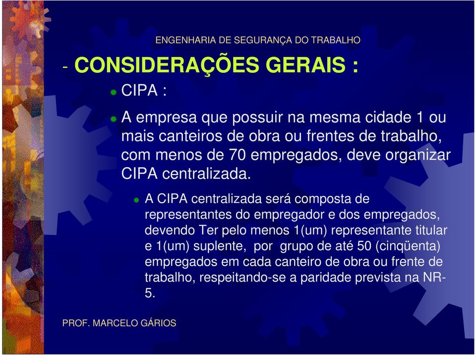 A CIPA centralizada será composta de representantes do empregador e dos empregados, devendo Ter pelo menos 1(um)