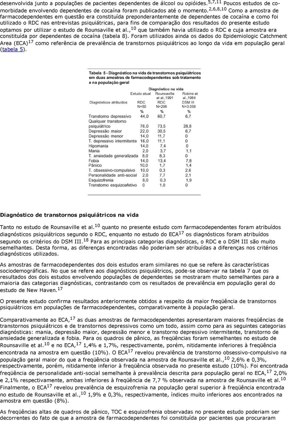 dos resultados do presente estudo optamos por utilizar o estudo de Rounsaville et al., 10 que também havia utilizado o RDC e cuja amostra era constituída por dependentes de cocaína (tabela 8).