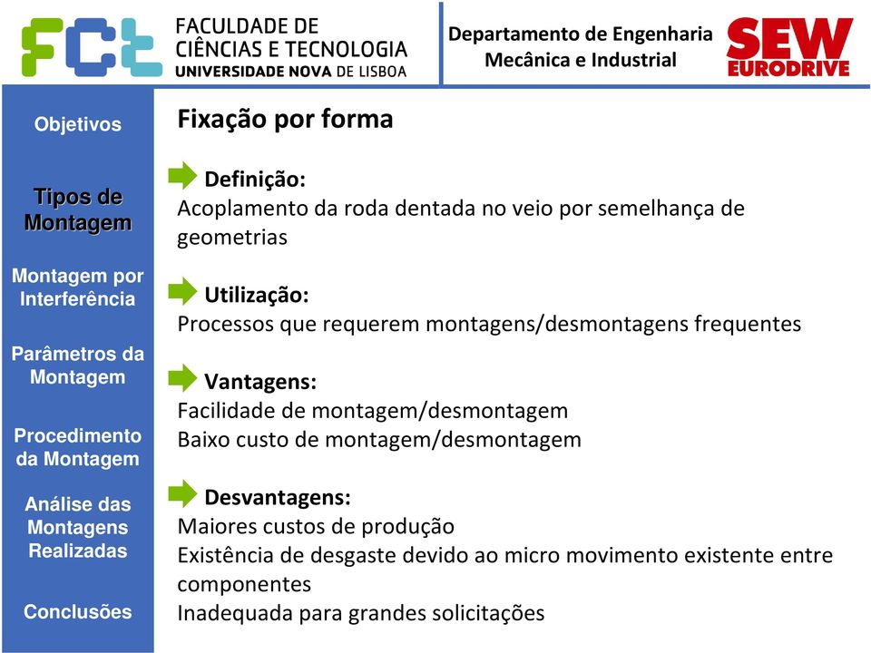 montagem/desmontagem Baixo custo de montagem/desmontagem Desvantagens: Maiores custos de produção