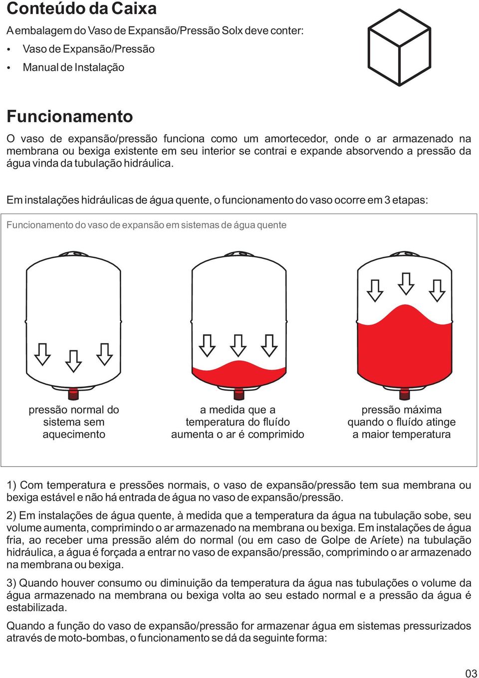 Em instalações hidráulicas de água quente, o funcionamento do vaso ocorre em 3 etapas: Funcionamento do vaso de expansão em sistemas de água quente pressão normal do sistema sem aquecimento a medida