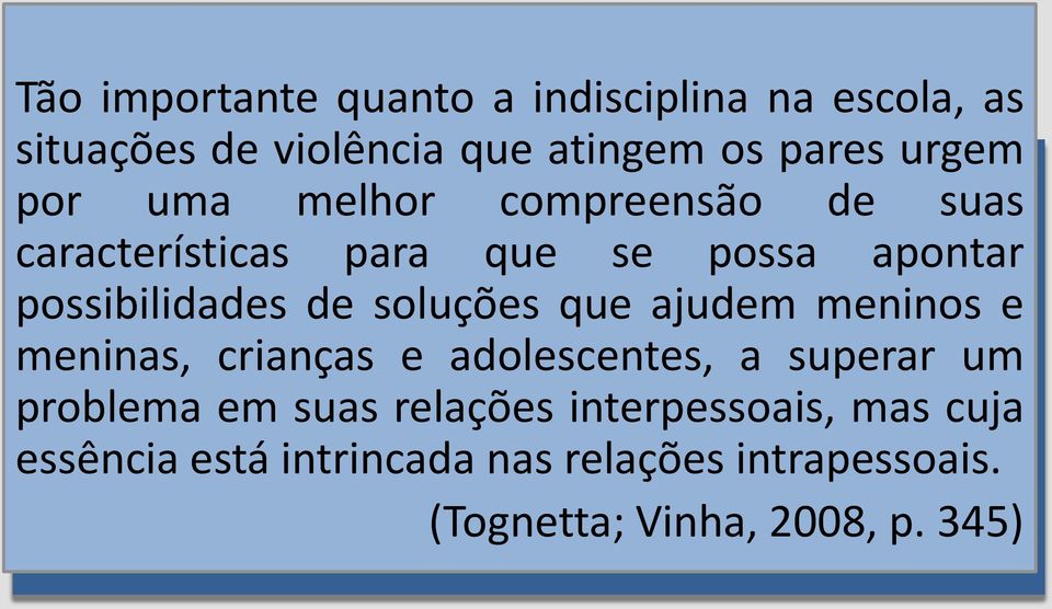 em suas relações interpessoais, mas cuja essência está intrincada nas relações intrapessoais. (Tognetta; Vinha, 2008, p.