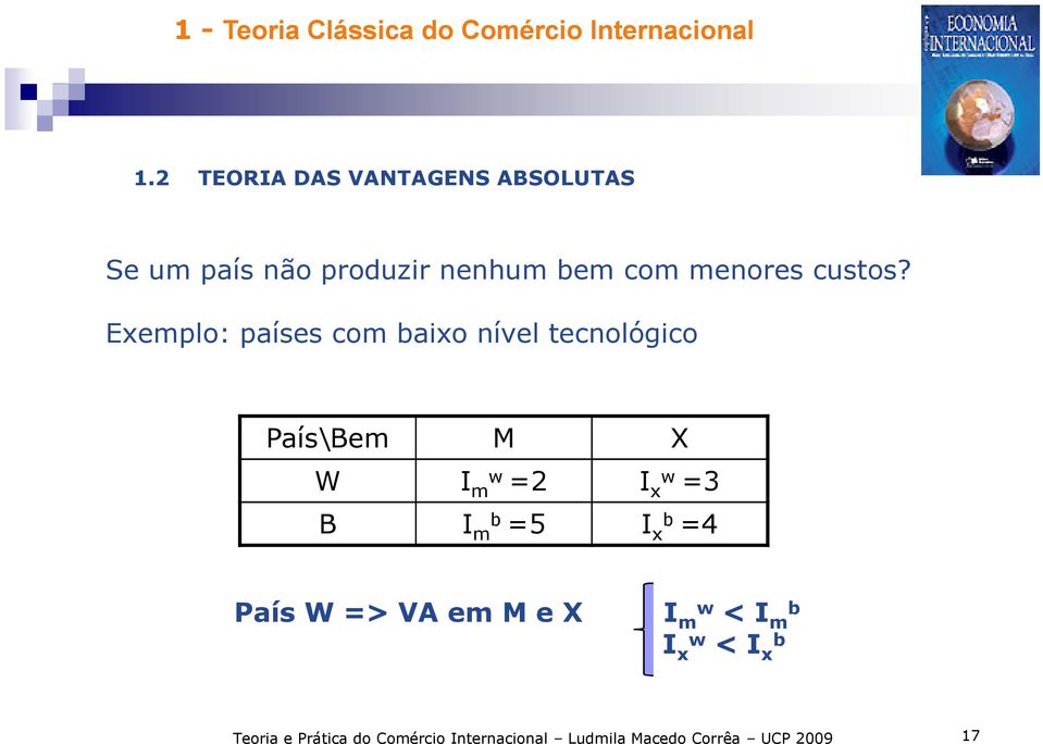 Exemplo: países com aixo nível tecnológico País\Bem M X W I m =2 I x =3 B