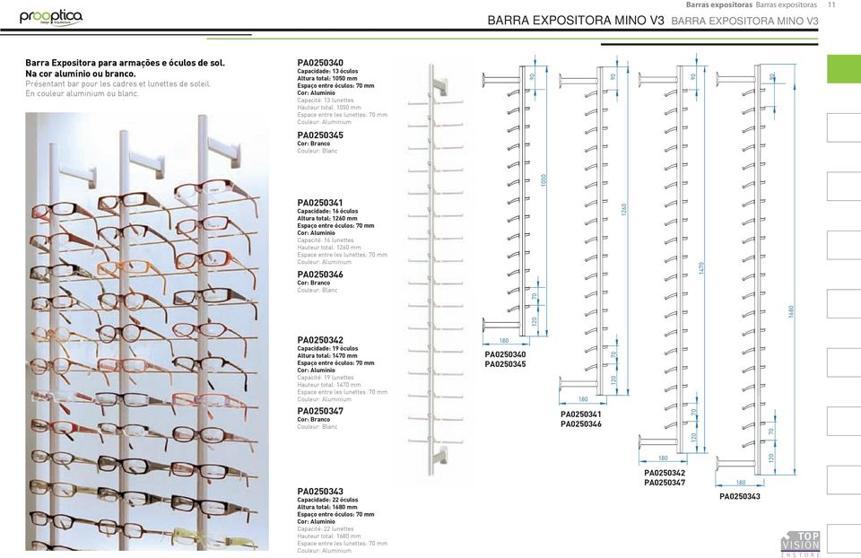 entre óculos: 70 mm Cor: Alumínio Capacité: 16 lunettes Hauteur total: 1260 mm Espace entre les lunettes: 70 mm Couleur: Aluminium PA0250346 Cor: Branco Couleur: Blanc 1680 70 PA0250341 PA0250346 120