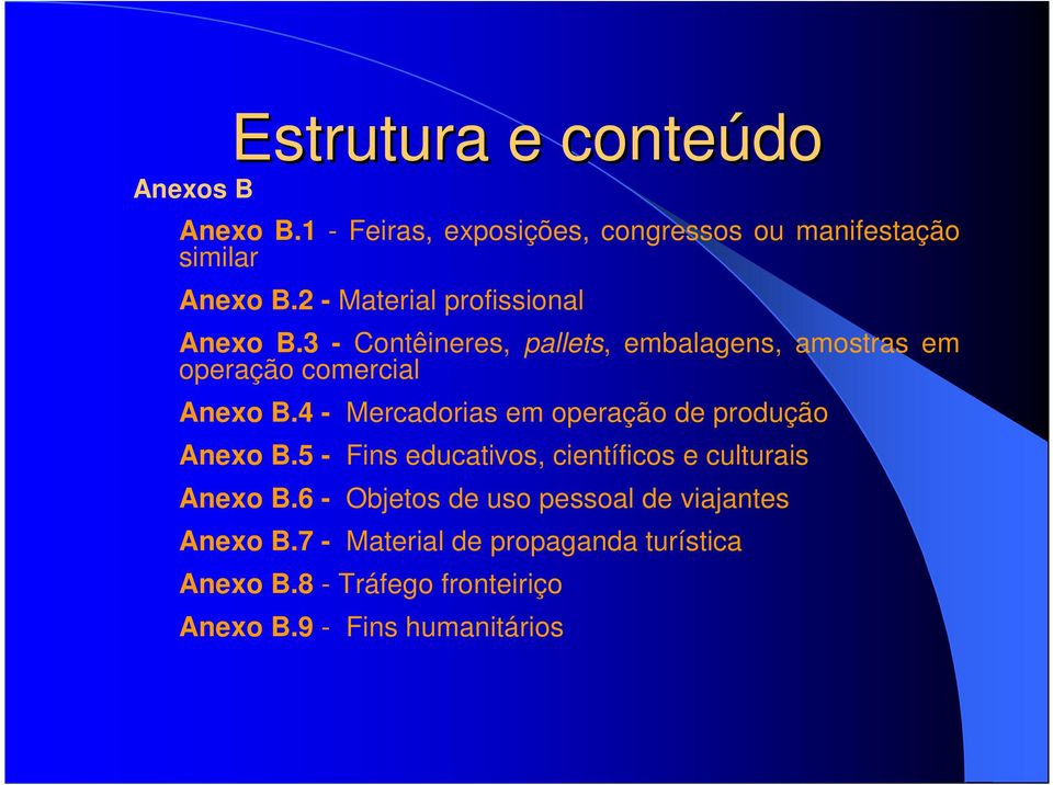 4 - Mercadorias em operação de produção Anexo B.5 - Fins educativos, científicos e culturais Anexo B.