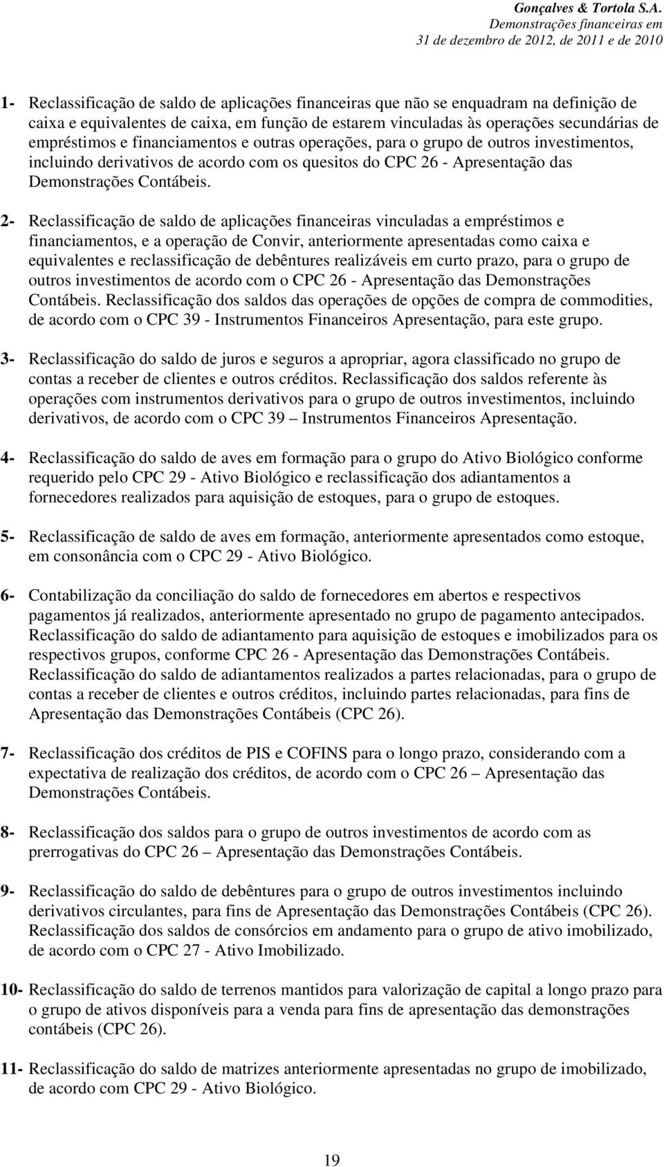 2- Reclassificação de saldo de aplicações financeiras vinculadas a empréstimos e financiamentos, e a operação de Convir, anteriormente apresentadas como caixa e equivalentes e reclassificação de