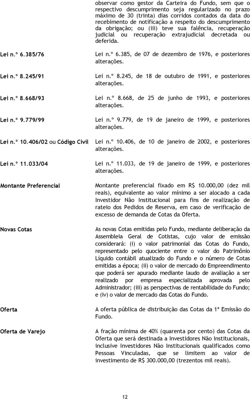 779/99 Lei n.º 10.406/02 ou Código Civil Lei n.º 11.033/04 Montante Preferencial Novas Cotas Oferta Oferta de Varejo Lei n.º 6.385, de 07 de dezembro de 1976, e posteriores alterações. Lei n.º 8.