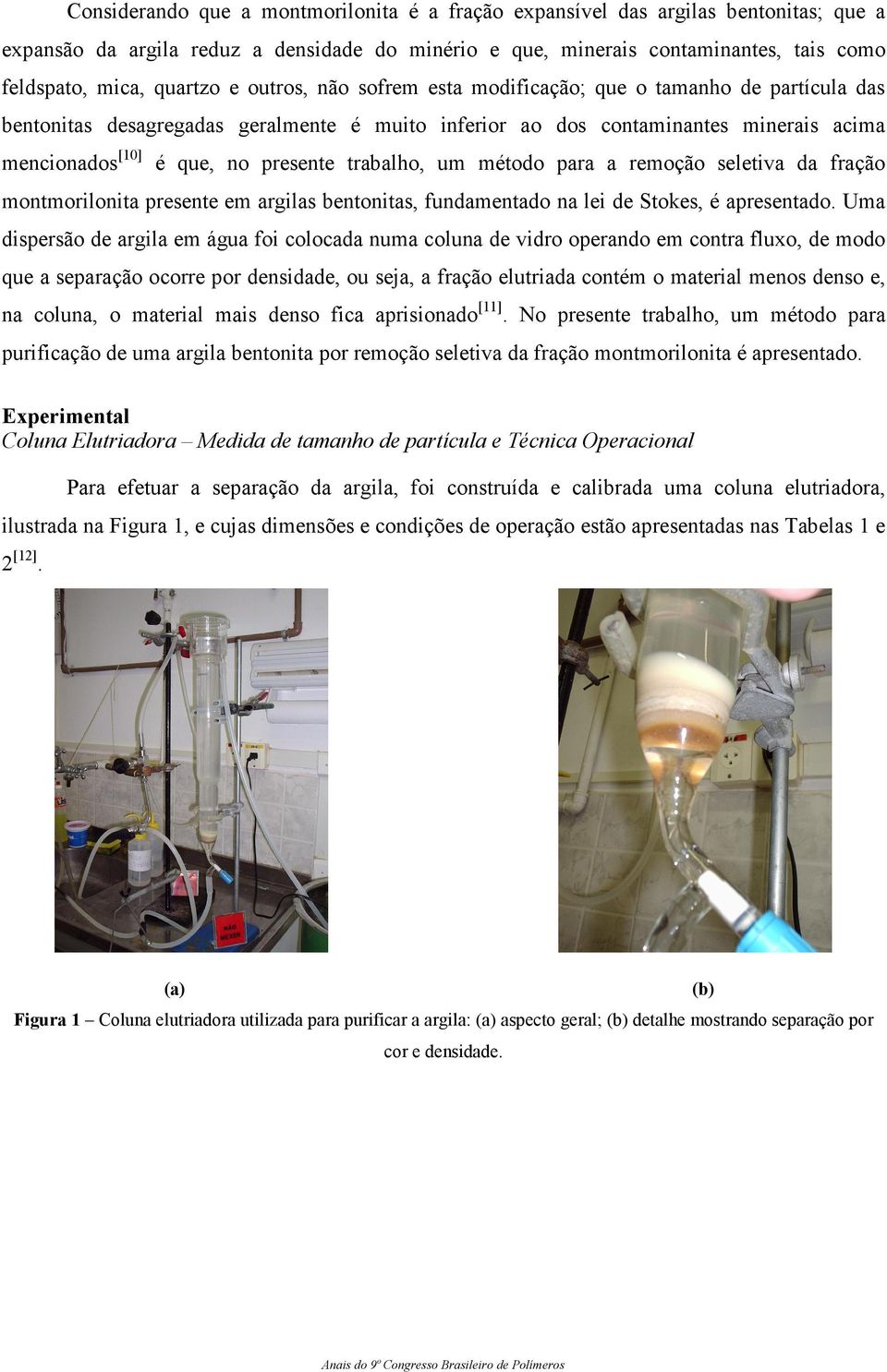 trabalho, um método para a remoção seletiva da fração montmorilonita presente em argilas bentonitas, fundamentado na lei de Stokes, é apresentado.