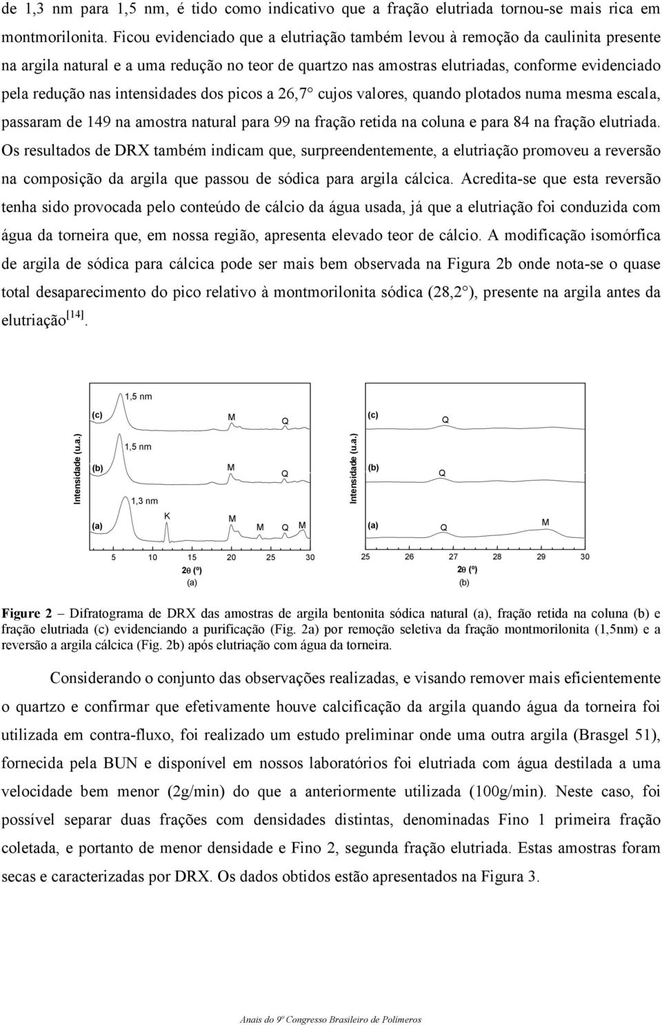 intensidades dos picos a 26,7 cujos valores, quando plotados numa mesma escala, passaram de 149 na amostra natural para 99 na fração retida na coluna e para 84 na fração elutriada.