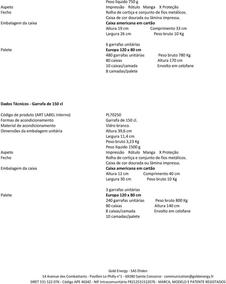 caixas Altura 170 cm 10 caixas/camada Envolto em celofane 8 camadas/palete Dados Técnicos - Garrafa de 150 cl Código de produto (ART LABEL interno) PL70250 Formas de acondicionamento Garrafa de 150