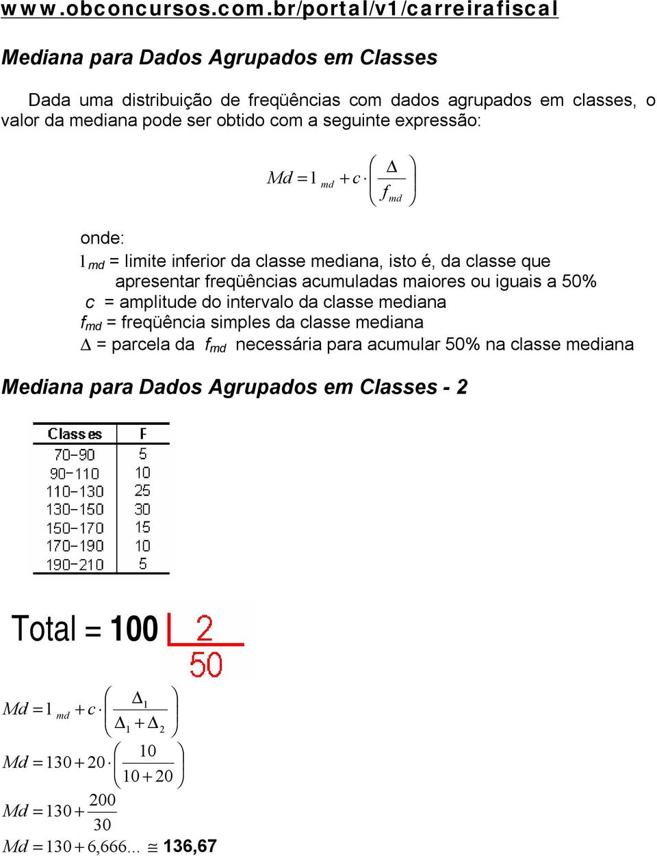 pode ser obtdo com a segunte expressão: Md l md + c f md onde: l md lmte nferor da classe medana, sto é, da classe que apresentar freqüêncas