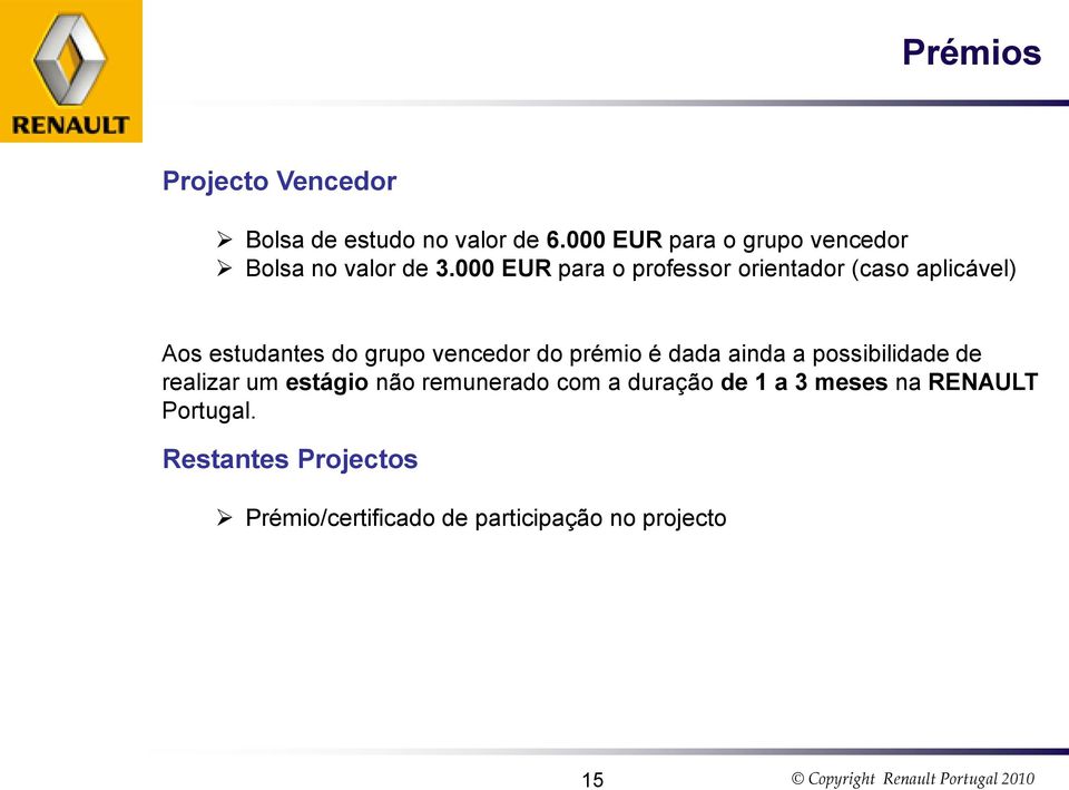 000 EUR para o professor orientador (caso aplicável) Aos estudantes do grupo vencedor do prémio