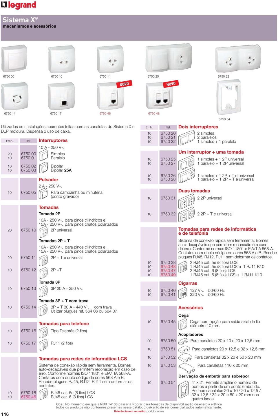 Interruptores 10 A - 250 V9 6750 00 Simples 10 6750 01 Paralelo 10 6750 02 Bipolar 10 6750 03 Bipolar 25A Pulsador 2 A - 250 V9 10 6750 05 Para campainha ou minuteria (ponto gravado) Tomadas Tomada