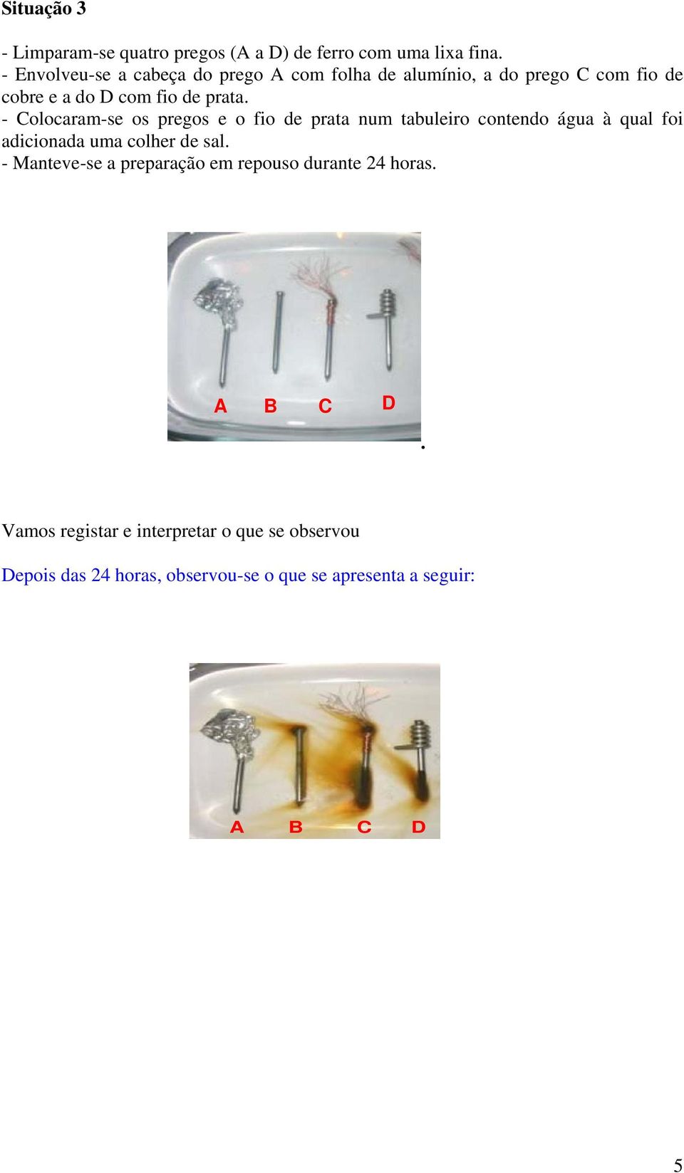 - Colocaram-se os pregos e o fio de prata num tabuleiro contendo água à qual foi adicionada uma colher de sal.