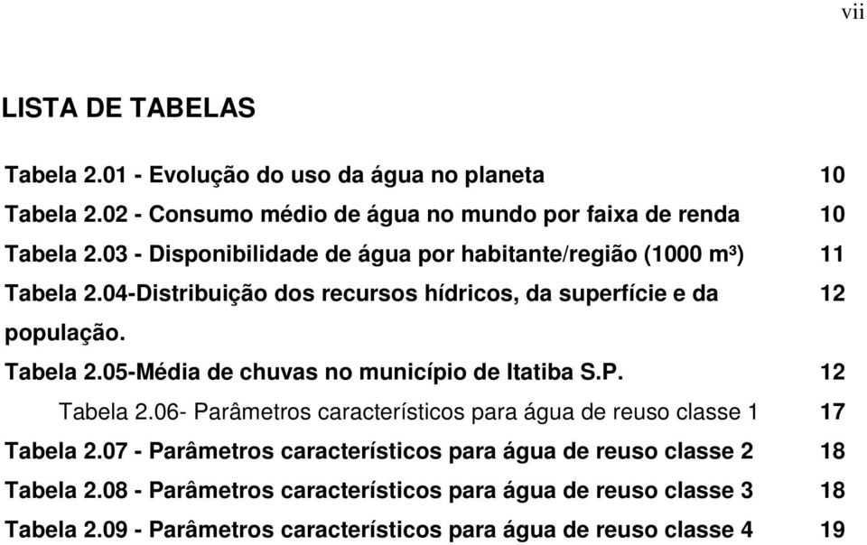 P. 12 Tabela 2.06- Parâmetros característicos para água de reuso classe 1 17 Tabela 2.07 - Parâmetros característicos para água de reuso classe 2 18 Tabela 2.