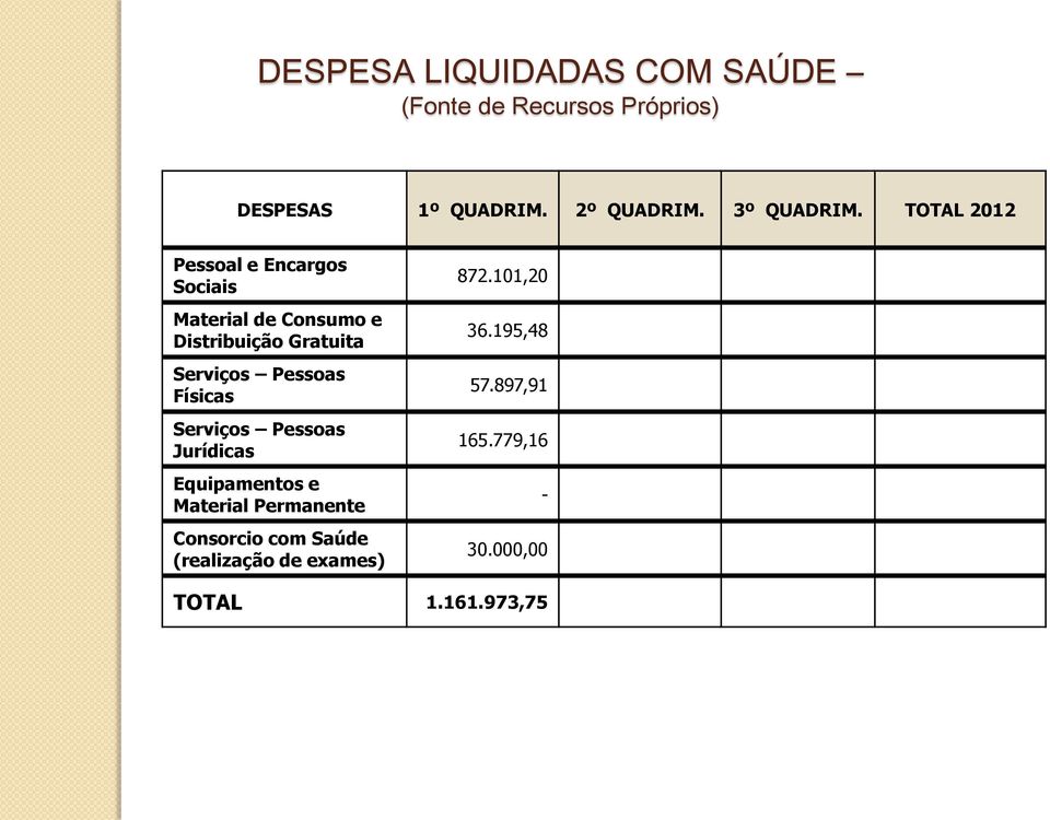 TOTAL 2012 Pessoal e Encargos Sociais Material de Consumo e Distribuição Gratuita Serviços