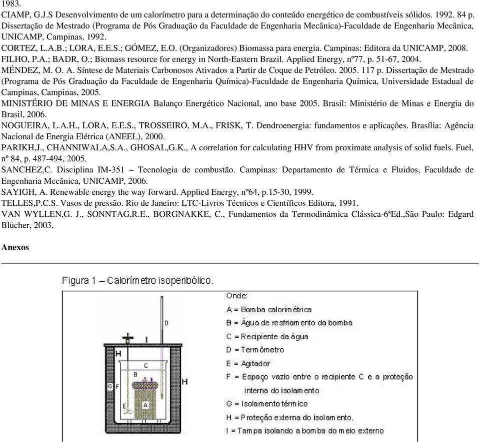 Campinas: Editora da UNICAMP, 2008. FILHO, P.A.; BADR, O.; Biomass resource for energy in North-Eastern Brazil. Applied Energy, nº77, p. 51-67, 2004. MÉNDEZ, M. O. A. Síntese de Materiais Carbonosos Ativados a Partir de Coque de Petróleo.