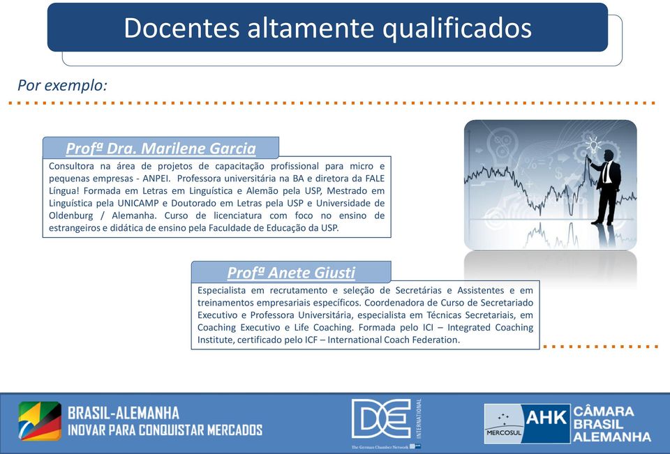 Formada em Letras em Linguística e Alemão pela USP, Mestrado em Linguística pela UNICAMP e Doutorado em Letras pela USP e Universidade de Oldenburg / Alemanha.