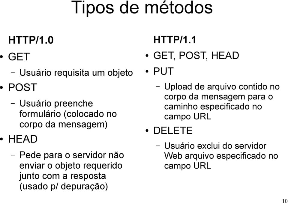 corpo da mensagem) HEAD Pede para o servidor não enviar o objeto requerido junto com a resposta (usado