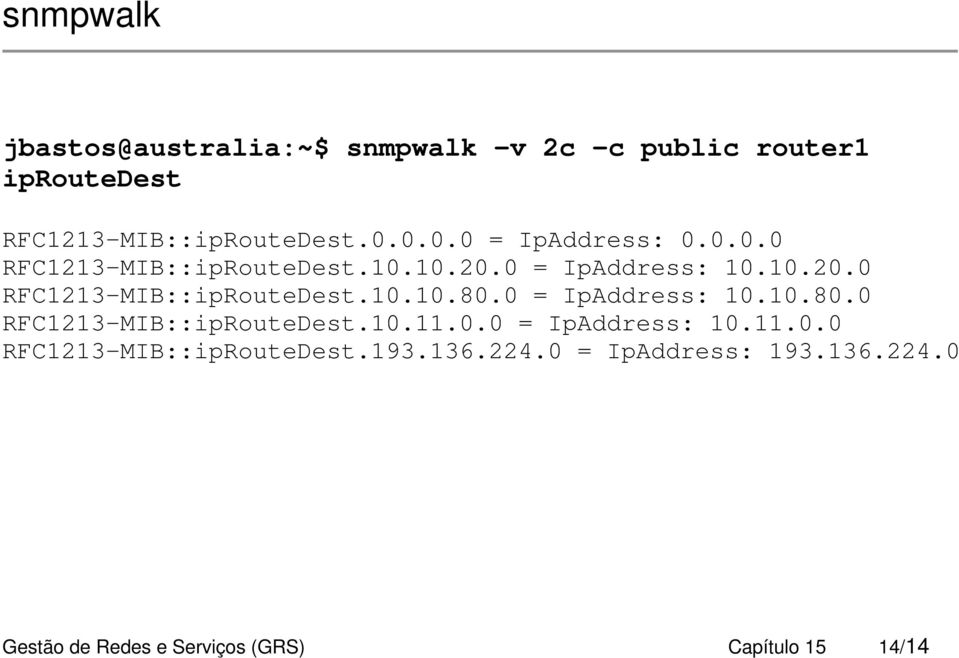 0 = IpAddress: 10.10.80.0 RFC1213-MIB::ipRouteDest.10.11.0.0 = IpAddress: 10.11.0.0 RFC1213-MIB::ipRouteDest.193.