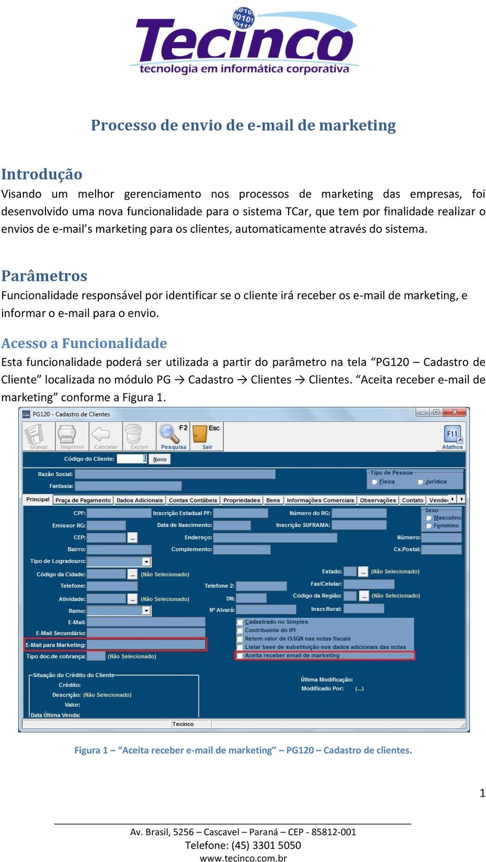 Parâmetrs Funcinalidade respnsável pr identificar se cliente irá receber s e-mail de marketing, e infrmar e-mail para envi.