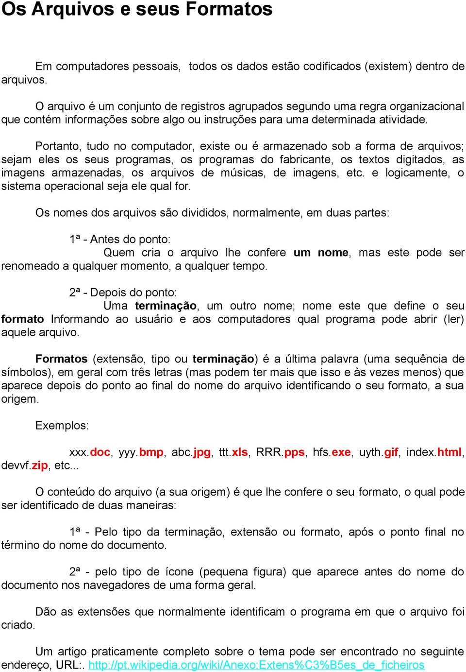 Portanto, tudo no computador, existe ou é armazenado sob a forma de arquivos; sejam eles os seus programas, os programas do fabricante, os textos digitados, as imagens armazenadas, os arquivos de