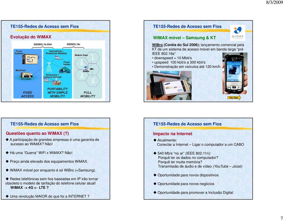 ) A participação de grandes empresas é uma garantia de sucesso ao WiMAX? Não! Há uma Guerra WiFi x WiMAX? Não! Preço ainda elevado dos equipamentos WiMAX.