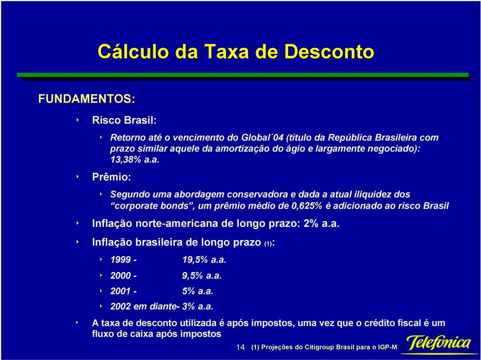 gamente negociado): 13,38% a.a. 8 Prêmio: 8 Segundo uma abordagem conservadora e dada a atual iliquidez dos corporate bonds, um prêmio médio de 0,625% é adicionado ao risco