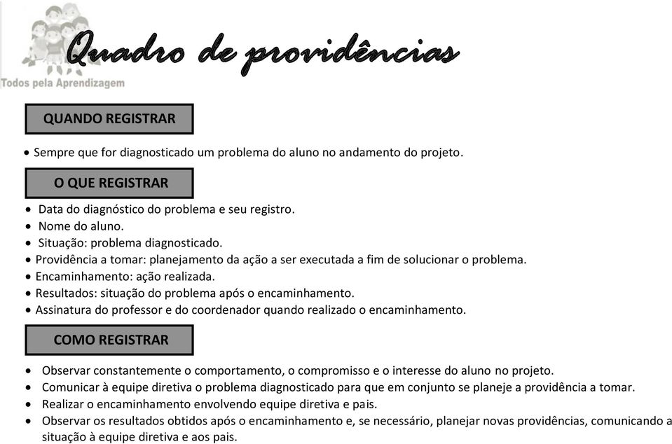 Resultados: situação do problema após o encaminhamento. Assinatura do professor e do coordenador quando realizado o encaminhamento.