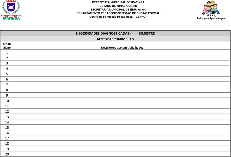 Pedagógica CENFOP NECESSIDADES DIAGNOSTICADAS - BIMESTRE Nº do aluno 1 2 3 4 5 6 7