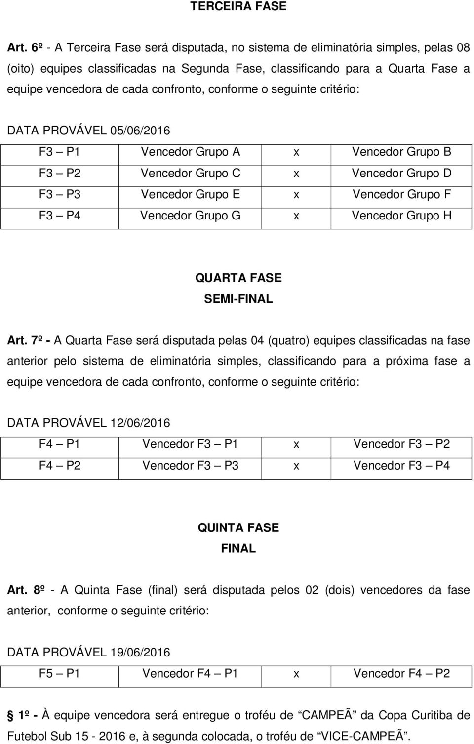 conforme o seguinte critério: DATA PROVÁVEL 05/06/2016 F3 P1 Vencedor Grupo A x Vencedor Grupo B F3 P2 Vencedor Grupo C x Vencedor Grupo D F3 P3 Vencedor Grupo E x Vencedor Grupo F F3 P4 Vencedor